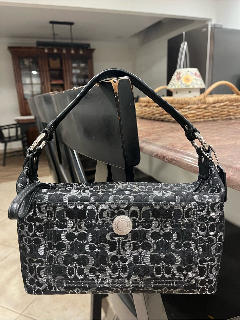 Coach Black & Silver Optic Signature Jacquard Mini Baguette Pouch